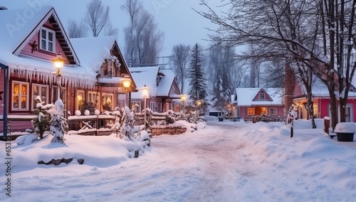 Wooden houses in the village in winter at night. Beautiful winter landscape. © Meow Creations
