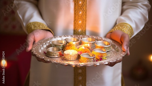 Close up of the hands of a man holding a bowl with burning candles for diwali photo