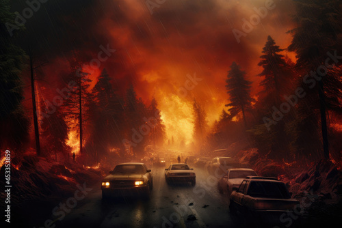 Burning Desolation: Abandoned Cars Amidst the Inferno