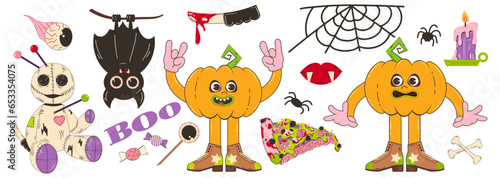 Set of elements for Halloween in retro cartoon style. Vector illustration of voodoo doll characters, emotion pumpkins, bat and other elements