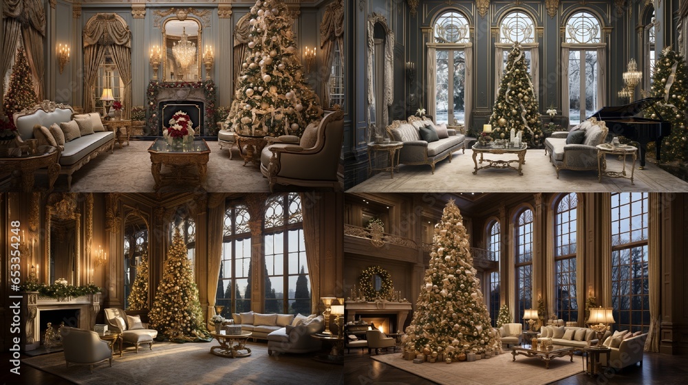 Fototapeta premium A grand and opulent living room with towering Christmas trees, gilded accents, and elegant holiday decor fit for a luxurious celebration.
