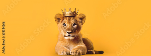 Cute baby lion with a crown on an orange background with space for text