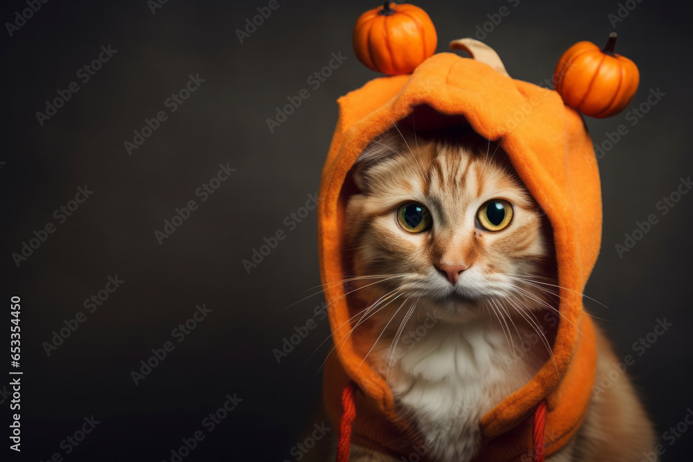 manx cat wearing a pumpkin costume against a cool gray background manx cat wearing a pumpkin costume against a cool gray background