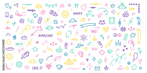 Set of cute doodle hand drawn doodles. Vector multicoloured doodles on black background