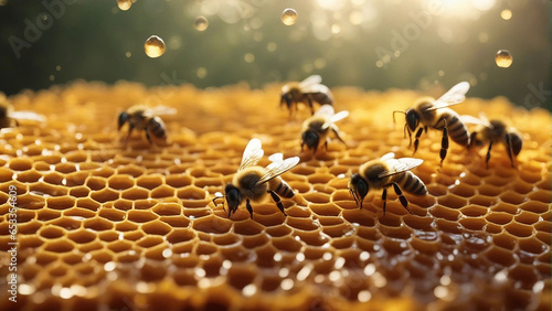 hundred of bees producing honey on honeycombs
 photo