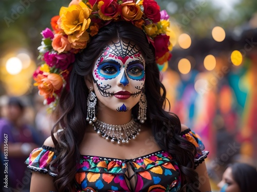 Young Mexican woman with face painted for carnival celebrations, posing outdoors smiling with flower decorations and makeup, day of the dead festival celebration, generative AI