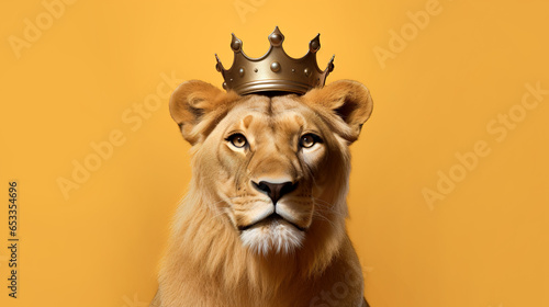 Noble predatory lioness with a crown on an orange background with space for text