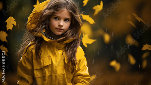 Young Girl in Yellow Raincoat on Autumn Day Looking Pensive