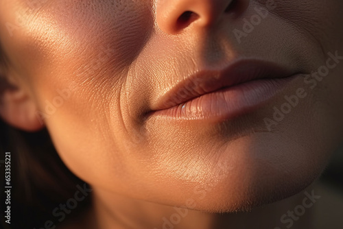 Perfect mature age females lips without makeup. Macro photo with beautiful female mouth in the light of sunset. Plump full lips. Close-up face detail. Perfect clean skin with a few wrinkles