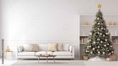 A modern living room with minimalist Christmas decor, featuring a sleek tree with white lights and silver ornaments against a neutral backdrop.