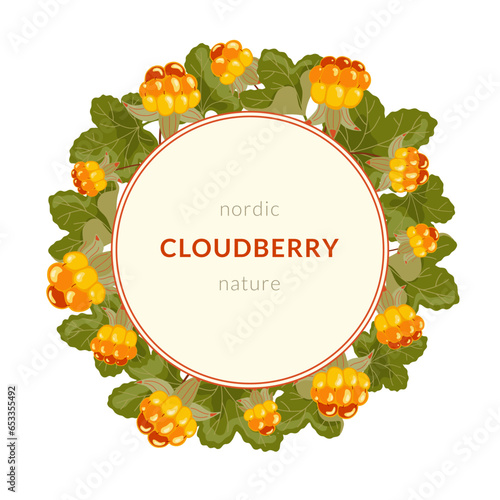 Cloudberry vector frame. Round label template with yellow orange berries and leaves. Northern bakeapple fruit banner isolated on white background. Hand drawn arctic organic vitamin food illustration