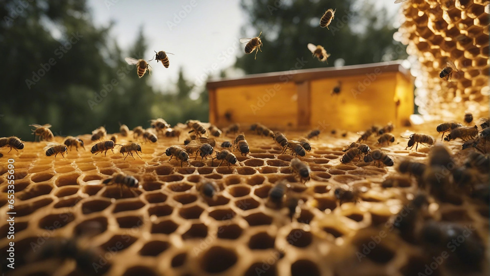 hundred of bees producing honey on honeycombs
 - obrazy, fototapety, plakaty 