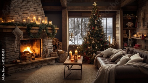 A nature-inspired living room with rustic Christmas decorations, including pinecone garlands, wooden ornaments, and a cozy fireplace.
