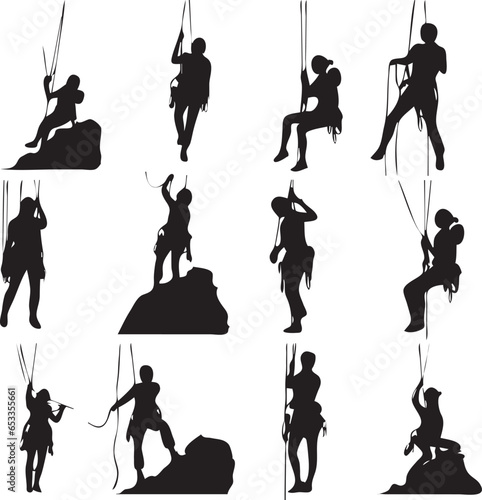 People man woman rock climbing silhouette. Climbing on rock with rope