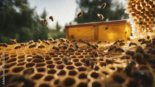 hundred of bees producing honey on honeycombs
