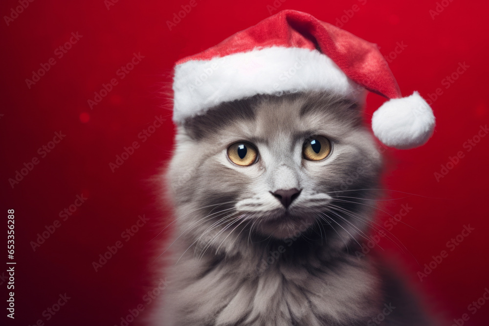 nebelung cat wearing a santa hat against a ruby red background nebelung cat wearing a santa hat against a ruby red background