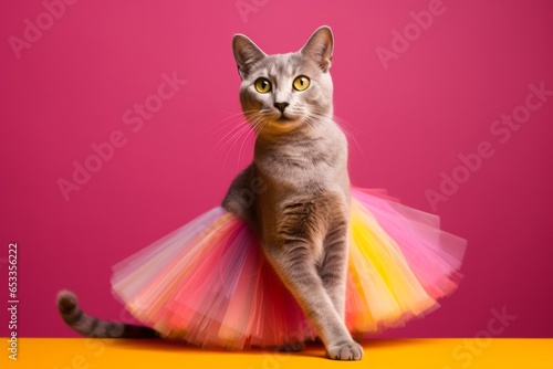 egyptian mau cat wearing a rainbow tutu against a ruby red background photo