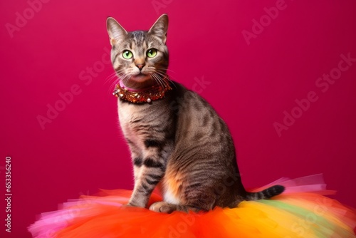 egyptian mau cat wearing a rainbow tutu against a ruby red background photo