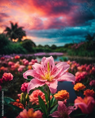 A Beautiful Lily Flower In A Garden  A Small River In The Background  Few Birds  And The Sky Looks Stunning With Colorful Clouds. 