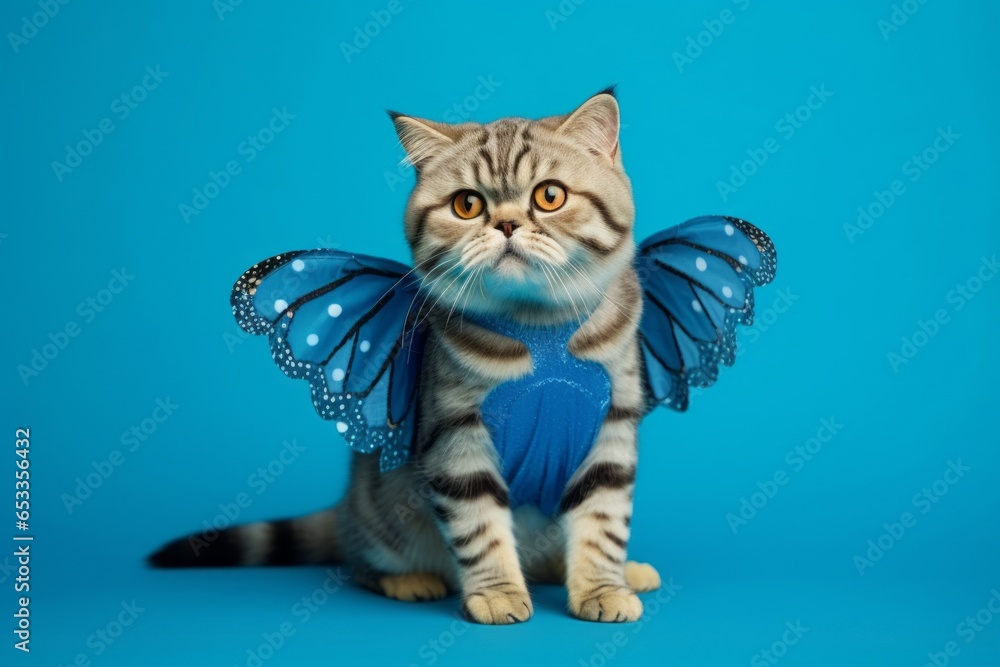 Obraz premium scottish fold cat wearing a butterfly costume against a sapphire blue background