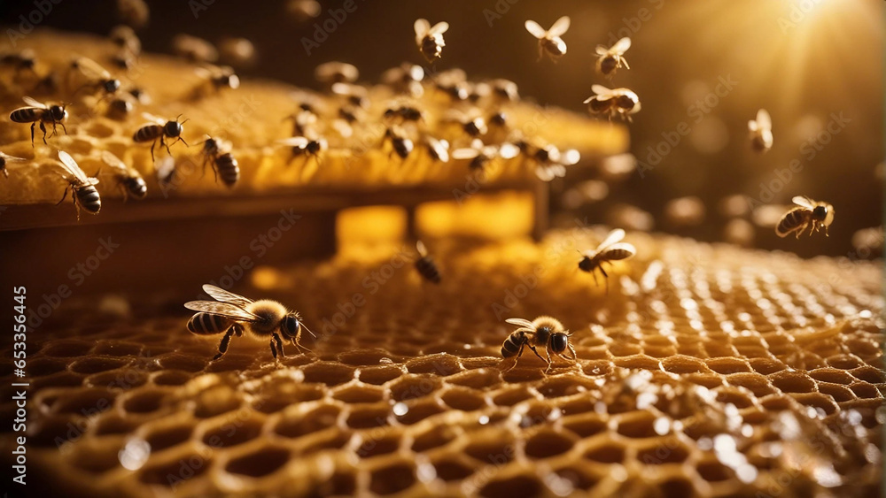 hundred of bees producing honey on honeycombs
 - obrazy, fototapety, plakaty 