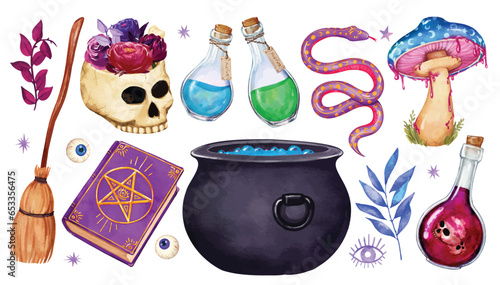 Magic witchy set, Halloween witchcraft watercolor vector elements isolated, cauldron, witch Broom, magical mushroom, mystical snake, potion and spell book