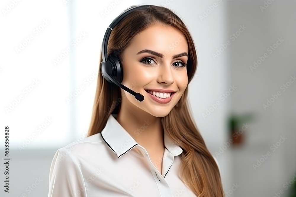 customer service, attractive woman works in a call center and communicates with a client using a headset while sitting at a computer in office customer service, attractive woman works in a call center and communicates with a client using a headset while sitting at a computer in office