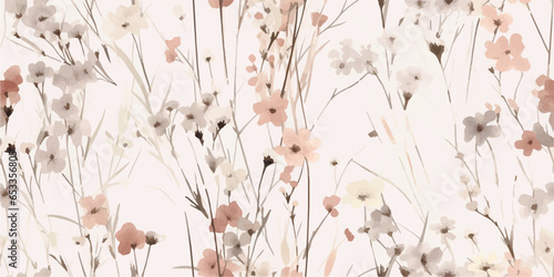 Modern contemporary Seamless pattern with ethereal wildflowers, leaves. vintage dry pressed wild flower plants, grass. Nature floral background. Texture for Cloth, Textile, Wallpaper, fashion prints