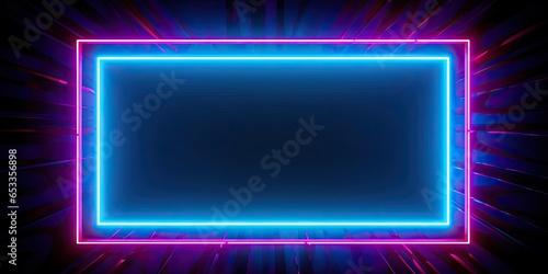 Electric dreams. Futuristic neon portal in blue and pink. Cyber club. Glowing abstract design for high tech parties. Retro futurism. Vibrant shapes in darkened space
