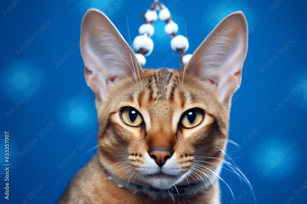 Obraz premium ocicat cat wearing a reindeer antlers headband against a sapphire blue background