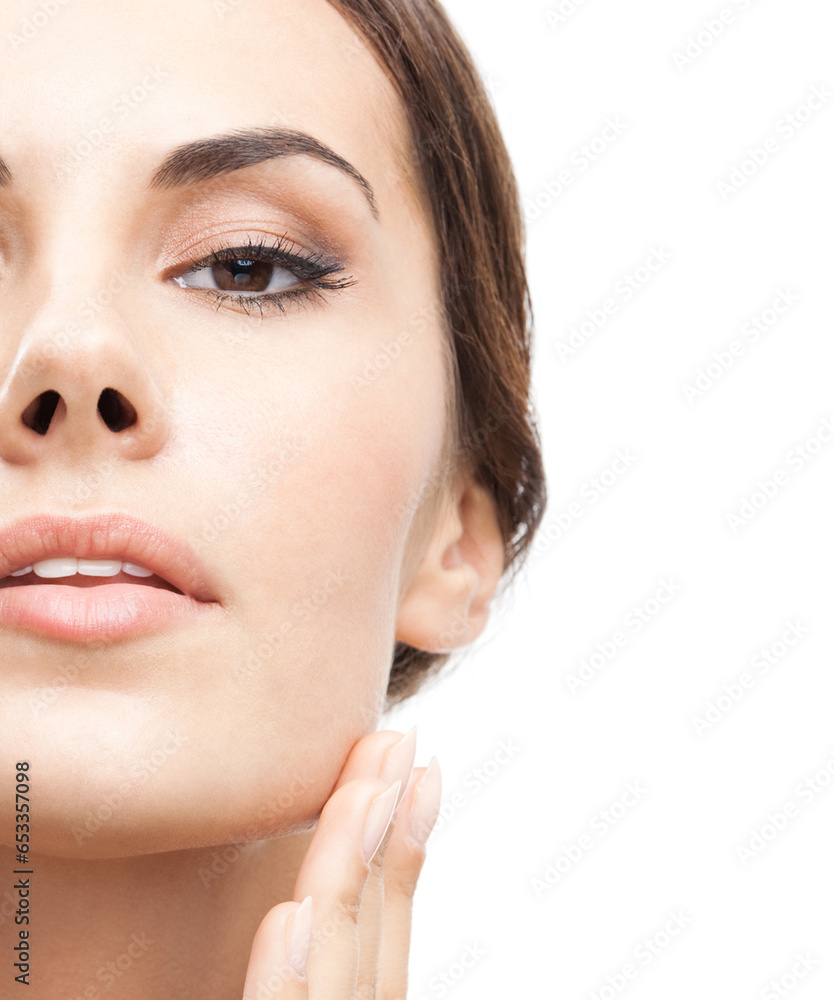 Half face portrait photo of beautiful young woman, isolated over white background. Studio image of brunette beauty girl.