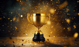 Golden trophy with stars, photorealistic still life, symbolizing achievement and victory celebration.