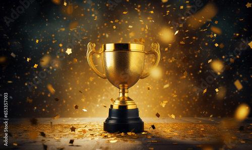 Golden trophy with stars, photorealistic still life, symbolizing achievement and victory celebration.