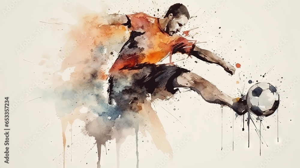 Watercolor style soccer player kicking ball, motion scene. Sport, healthy lifestyle, outdoor activities. - obrazy, fototapety, plakaty 