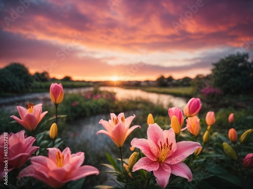 A Beautiful Lily Flower In A Garden, A Small River In The Background, Few Birds, And The Sky Looks Stunning With Colorful Clouds. 