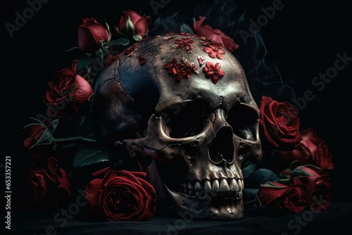 Fototapeta Naklejka Na Ścianę i Meble -  Gothic skull with smoke decorated with beautiful red roses. Death bouquet