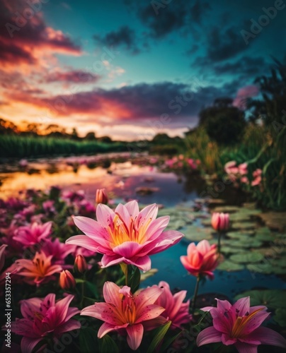 A Beautiful Lily Flower In A Garden  A Small River In The Background  Few Birds  And The Sky Looks Stunning With Colorful Clouds. 
