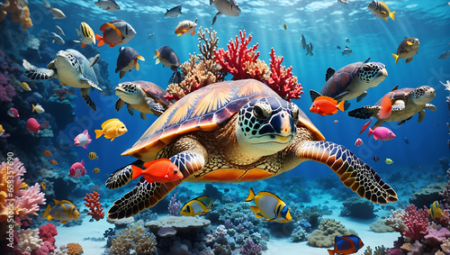  Underwater Wonderland  Turtle Among Colorful Fish  Sea Animals  and Vibrant Coral in the Ocean 