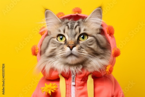 siberian cat wearing a sunflower costume against a coral pink background photo