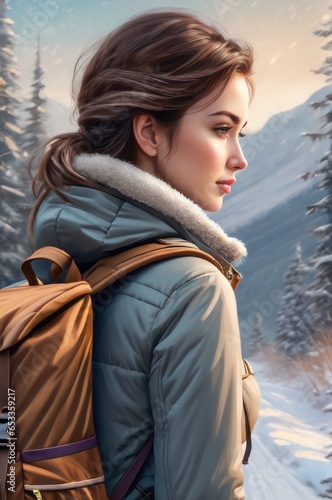 close up view of young woman with backpack walking on trail winter day. A girl in winter clothes in national park. Young female walks along snow-covered path. Healthy lifestyle in the fresh air. © useful pictures