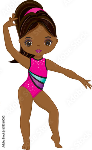 Vector Beautiful African American Girl Performing Rhythmic Gymnastics