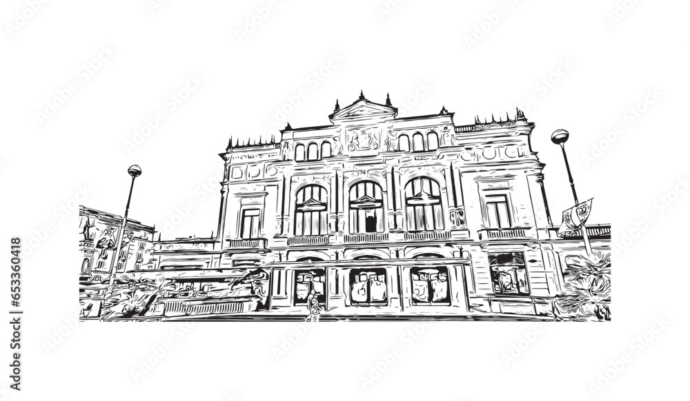 Obraz premium Building view with landmark of San Sebastian is the city in Spain. Hand drawn sketch illustration in vector.