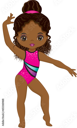 Vector Beautiful African American Girl Performing Rhythmic Gymnastics