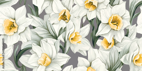 Vintage floral seamless pattern. Vector print illustration of flowers, daffodil, white narcissus, wild flowers, plants and leaves on light gray background.