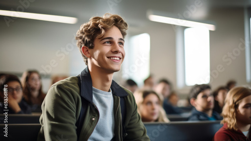 A male student sits in a university classroom looking away and smiling. A man sits in a lecture in a high school class