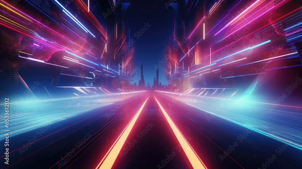 Illustration of night city neon digital road lights with long exposure
