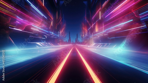 Illustration of night city neon digital road lights with long exposure