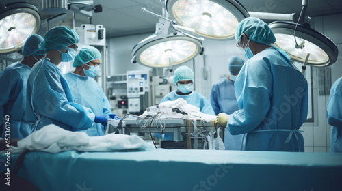 A surgeon in an inpatient operating theater. A medical team performing surgery in an operating theater