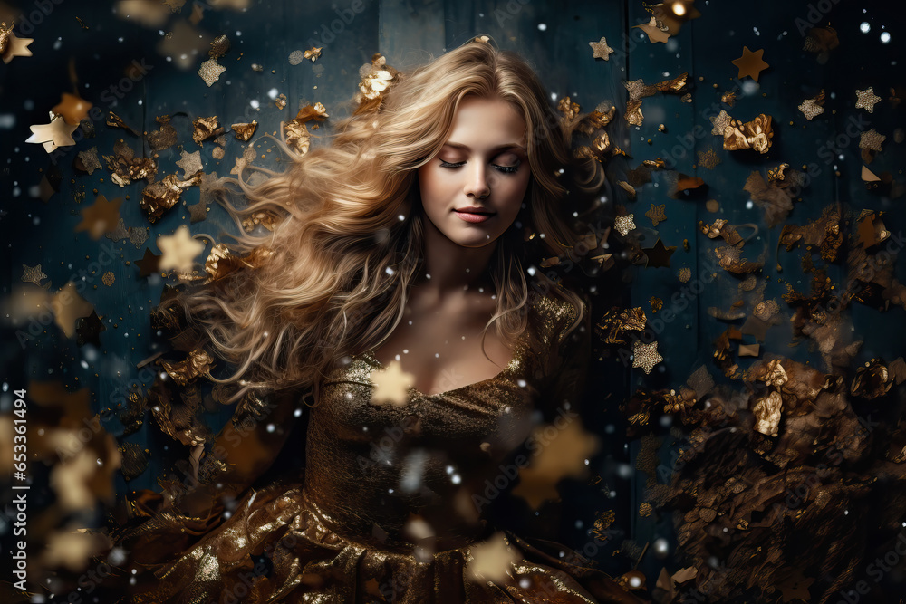 Beautiful woman dressed up for Christmas confetti. Golden Christmas and Happy New Year concept. Beautiful woman dressed up for Christmas confetti. Golden Christmas and Happy New Year concept.