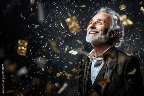 Senior man dressed up for Christmas enjoy New Year with confetti falling on him. Golden Christmas and Happy New Year concept.